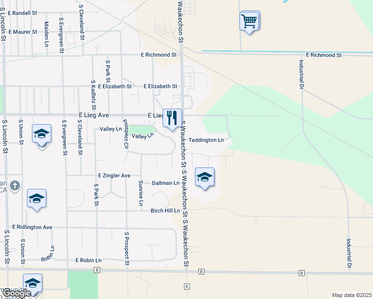 map of restaurants, bars, coffee shops, grocery stores, and more near 1601 Timber Trail in Shawano