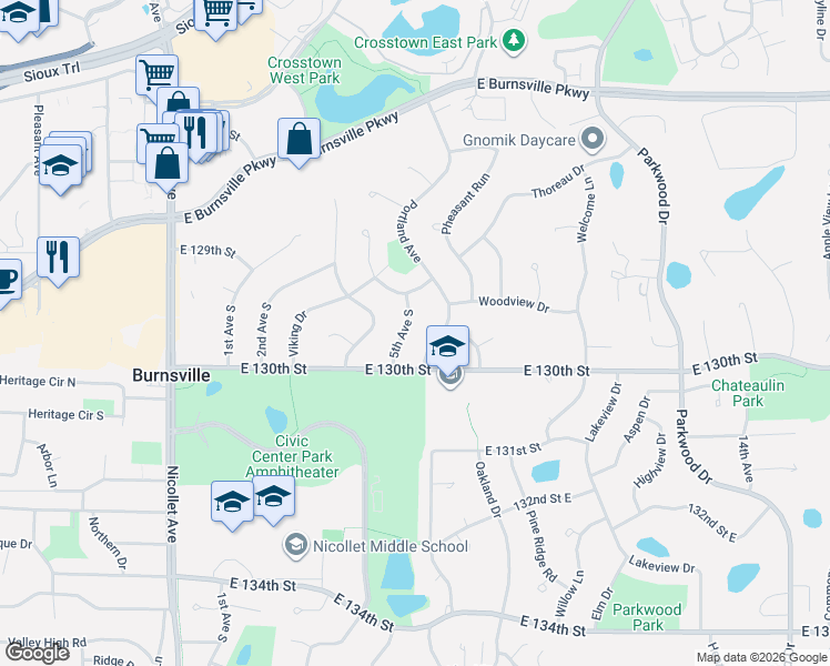 map of restaurants, bars, coffee shops, grocery stores, and more near 12919 5th Avenue South in Burnsville