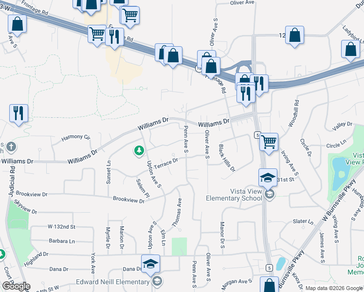 map of restaurants, bars, coffee shops, grocery stores, and more near 12917 Penn Avenue South in Burnsville