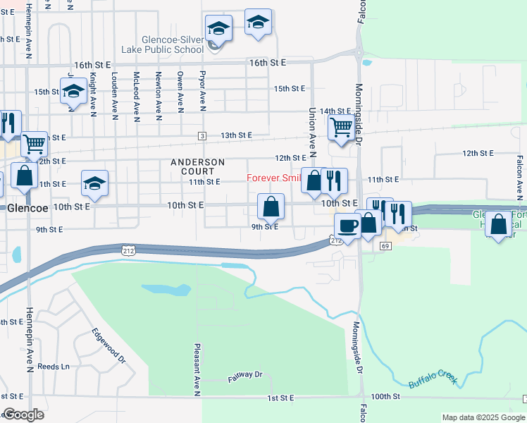 map of restaurants, bars, coffee shops, grocery stores, and more near 1930 10th Street East in Glencoe