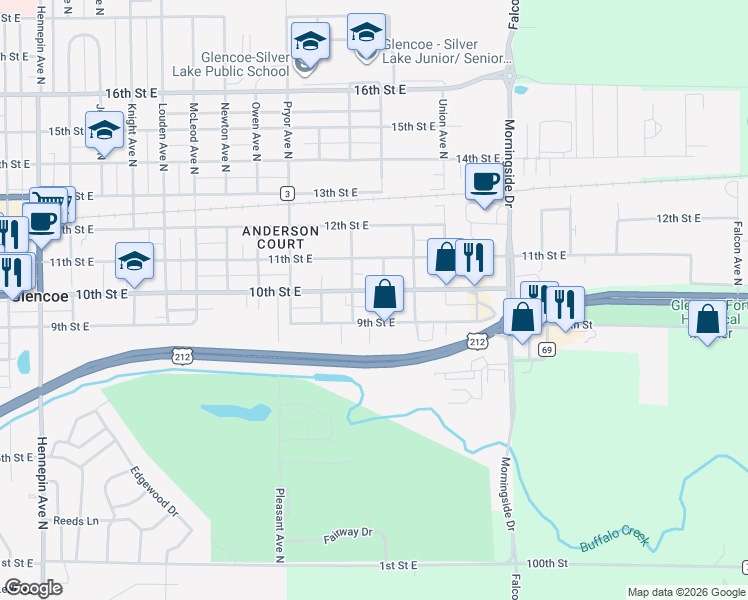 map of restaurants, bars, coffee shops, grocery stores, and more near 1930 10th Street East in Glencoe