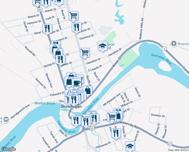 map of restaurants, bars, coffee shops, grocery stores, and more near 20 Bush Street in Skowhegan