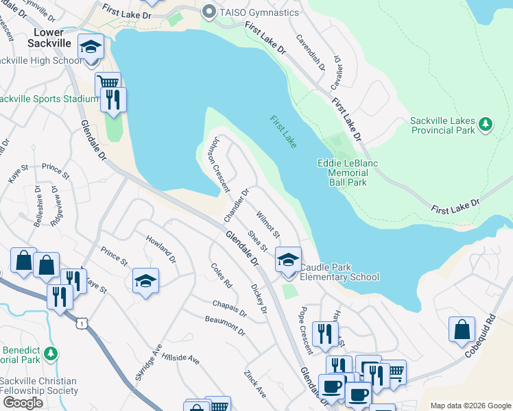 map of restaurants, bars, coffee shops, grocery stores, and more near 65 Wilmot Street in Lower Sackville