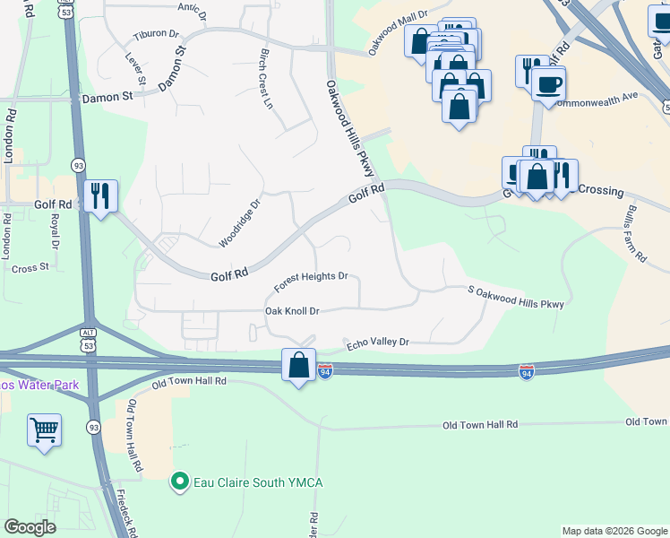 map of restaurants, bars, coffee shops, grocery stores, and more near 3912 Forest Heights Drive in Eau Claire
