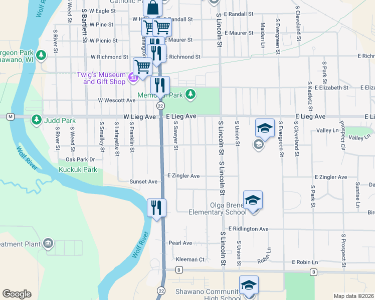 map of restaurants, bars, coffee shops, grocery stores, and more near 1001 South Lutz Street in Shawano