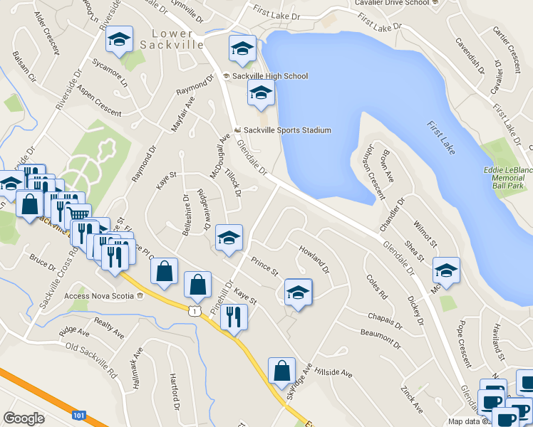 map of restaurants, bars, coffee shops, grocery stores, and more near 44 Pinehill Drive in Lower Sackville