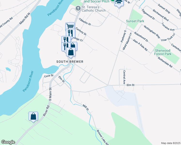 map of restaurants, bars, coffee shops, grocery stores, and more near 56 South Brewer Drive in Brewer
