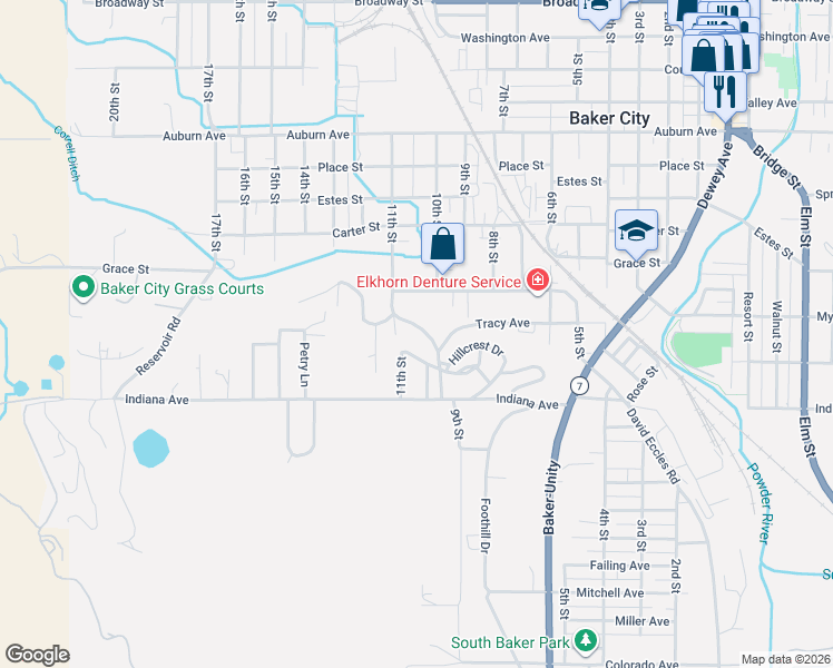 map of restaurants, bars, coffee shops, grocery stores, and more near 2925 Hillcrest Drive in Baker City