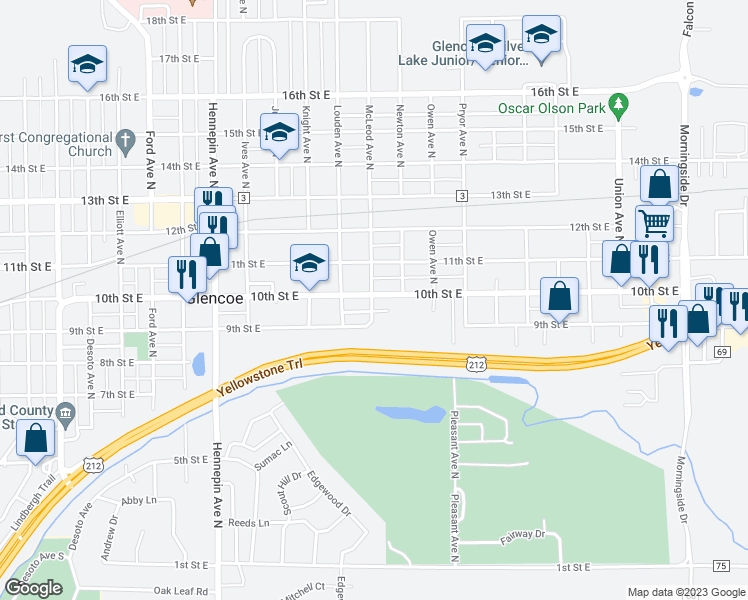 map of restaurants, bars, coffee shops, grocery stores, and more near 1306 10th Street East in Glencoe