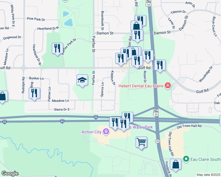 map of restaurants, bars, coffee shops, grocery stores, and more near 4702 Kappus Drive in Eau Claire