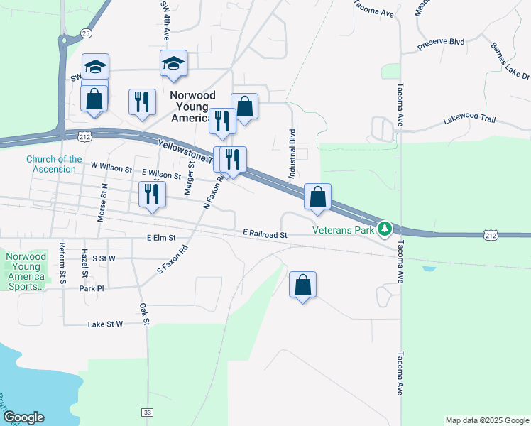 map of restaurants, bars, coffee shops, grocery stores, and more near 600 Railroad Drive in Norwood Young America