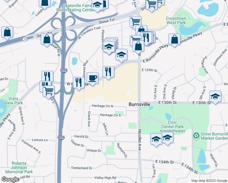 map of restaurants, bars, coffee shops, grocery stores, and more near 12866 Nicollet Avenue in Burnsville