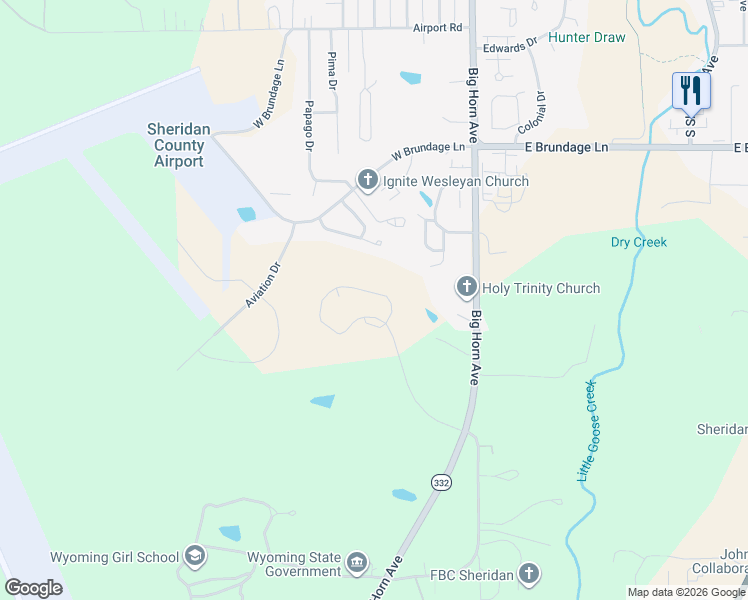 map of restaurants, bars, coffee shops, grocery stores, and more near 350 Falcon Ridge Court in Sheridan