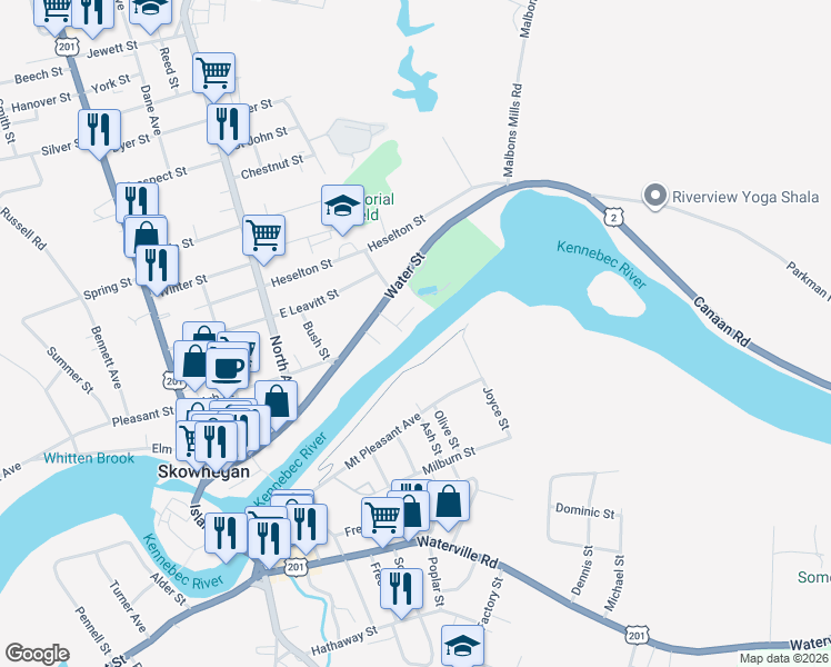 map of restaurants, bars, coffee shops, grocery stores, and more near 14 Dinsmore Street in Skowhegan