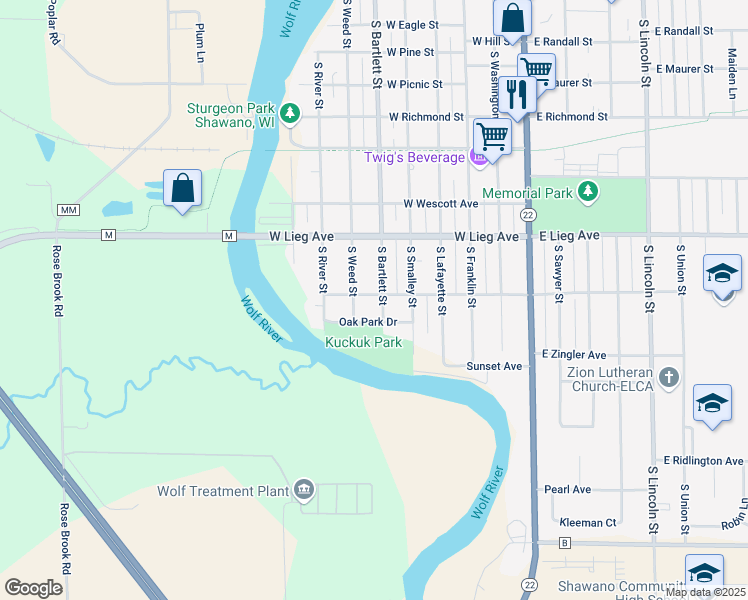 map of restaurants, bars, coffee shops, grocery stores, and more near 606 W Stevens Ave in Shawano