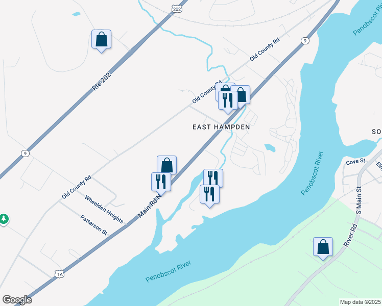 map of restaurants, bars, coffee shops, grocery stores, and more near 618 Main Road North in Hampden