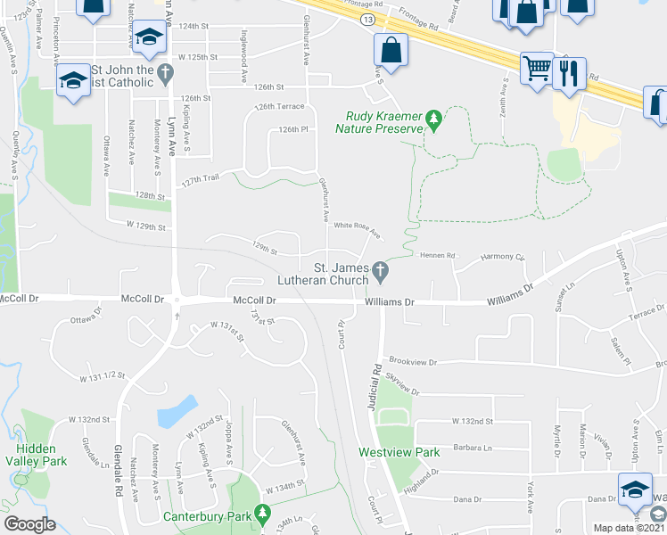 map of restaurants, bars, coffee shops, grocery stores, and more near 12915 Glenhurst Avenue in Burnsville