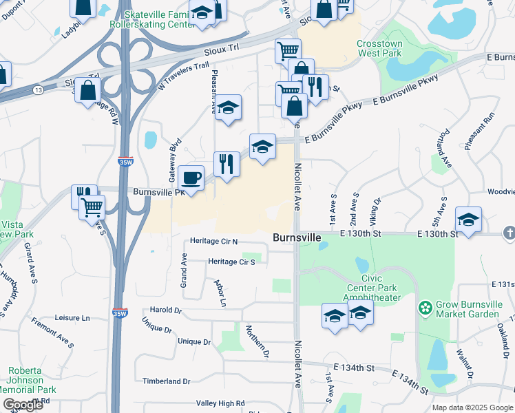 map of restaurants, bars, coffee shops, grocery stores, and more near 12944 Nicollet Avenue in Burnsville