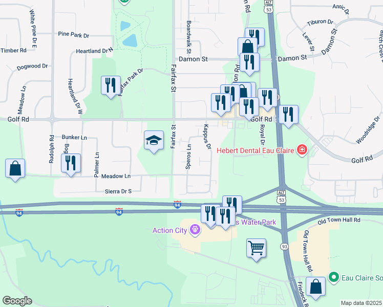 map of restaurants, bars, coffee shops, grocery stores, and more near 4705 Speros Lane in Eau Claire
