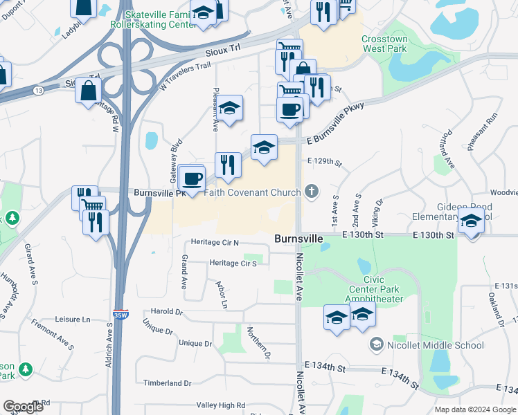map of restaurants, bars, coffee shops, grocery stores, and more near 12852 Nicollet Avenue in Burnsville