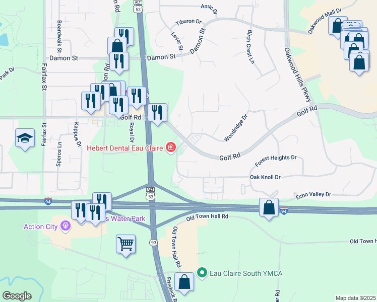map of restaurants, bars, coffee shops, grocery stores, and more near 4611 Commerce Valley Road in Eau Claire