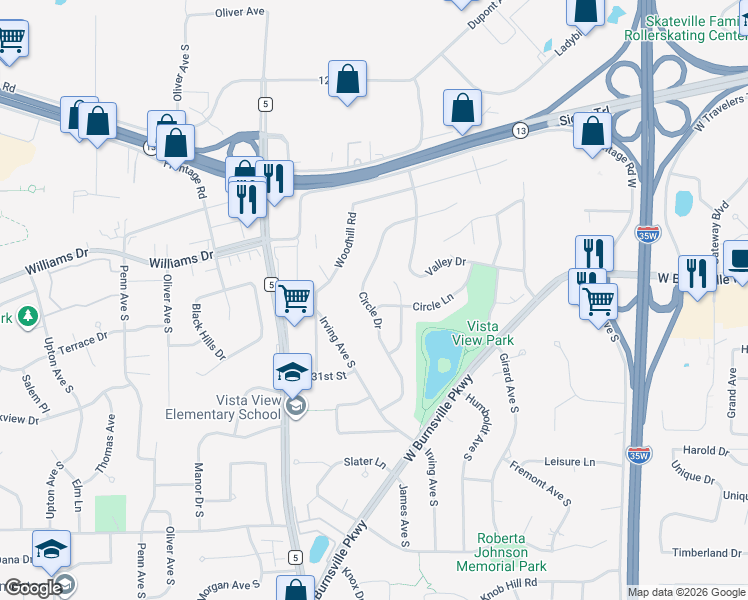map of restaurants, bars, coffee shops, grocery stores, and more near 1543 Circle Drive in Burnsville