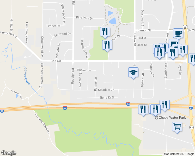 map of restaurants, bars, coffee shops, grocery stores, and more near 4621 Palmer Lane in Eau Claire