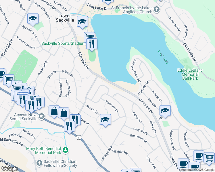 map of restaurants, bars, coffee shops, grocery stores, and more near 62 Langevin Drive in Lower Sackville