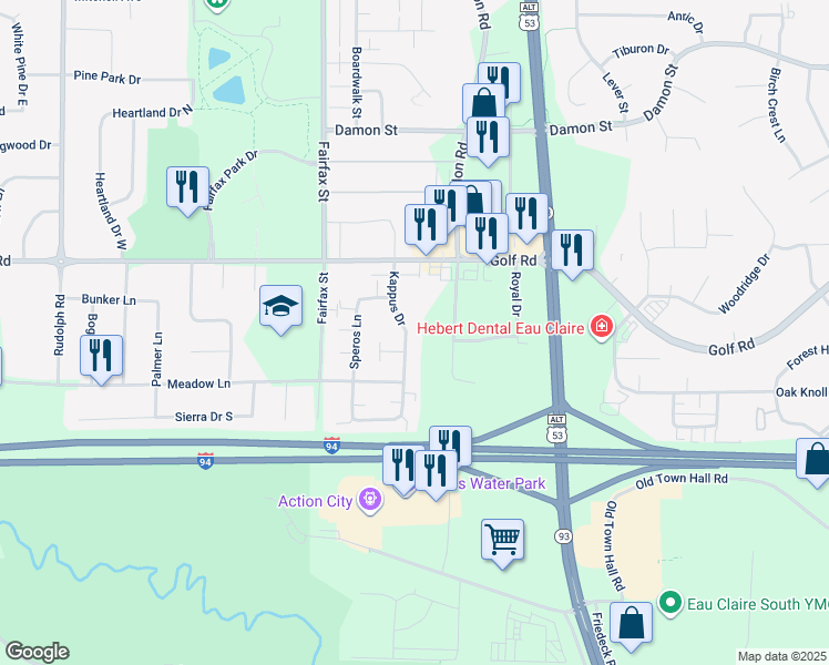 map of restaurants, bars, coffee shops, grocery stores, and more near 4631 Kappus Drive in Eau Claire