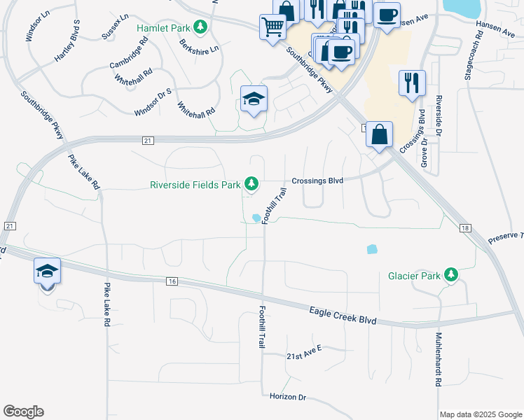 map of restaurants, bars, coffee shops, grocery stores, and more near 1880 Foothill Trail in Shakopee