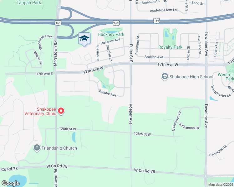map of restaurants, bars, coffee shops, grocery stores, and more near 599 Danube Avenue in Shakopee