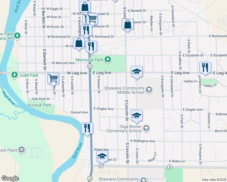 map of restaurants, bars, coffee shops, grocery stores, and more near 316 East Stevens Avenue in Shawano