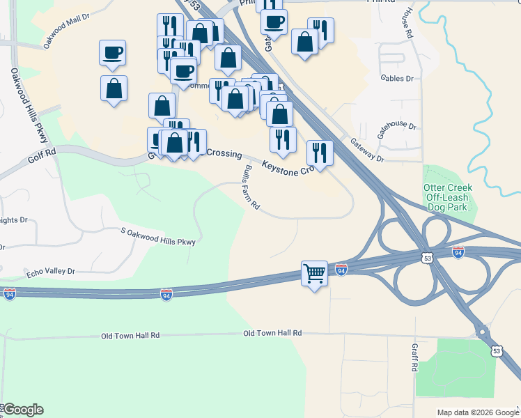 map of restaurants, bars, coffee shops, grocery stores, and more near 4814 Bullis Farm Road in Eau Claire