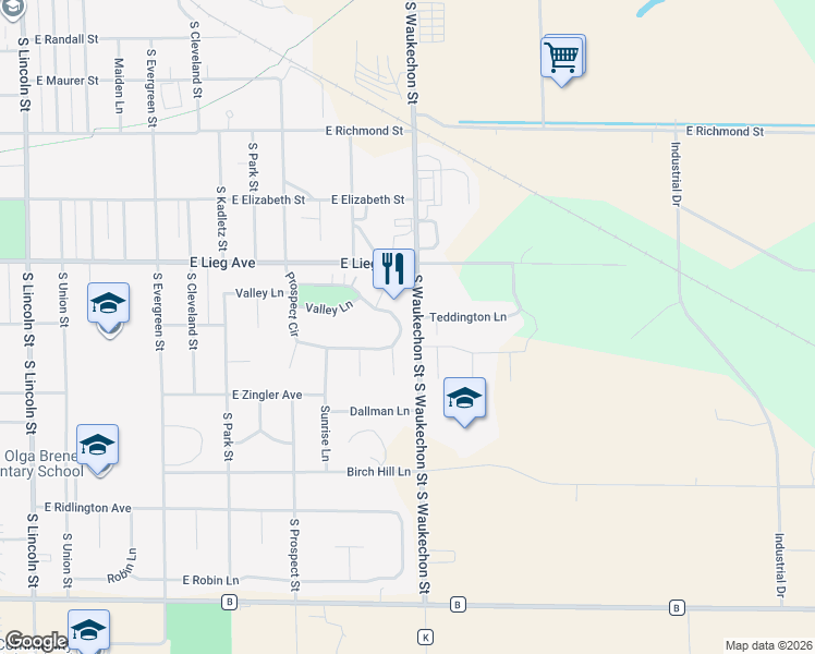 map of restaurants, bars, coffee shops, grocery stores, and more near 1601 Timber Trail in Shawano