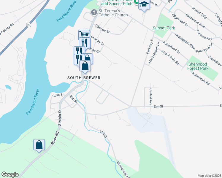 map of restaurants, bars, coffee shops, grocery stores, and more near 56 South Brewer Drive in Brewer