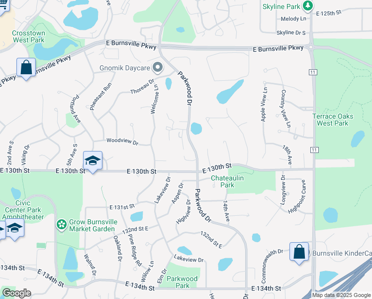 map of restaurants, bars, coffee shops, grocery stores, and more near 32 Walden Street (Middle Walden) in Burnsville