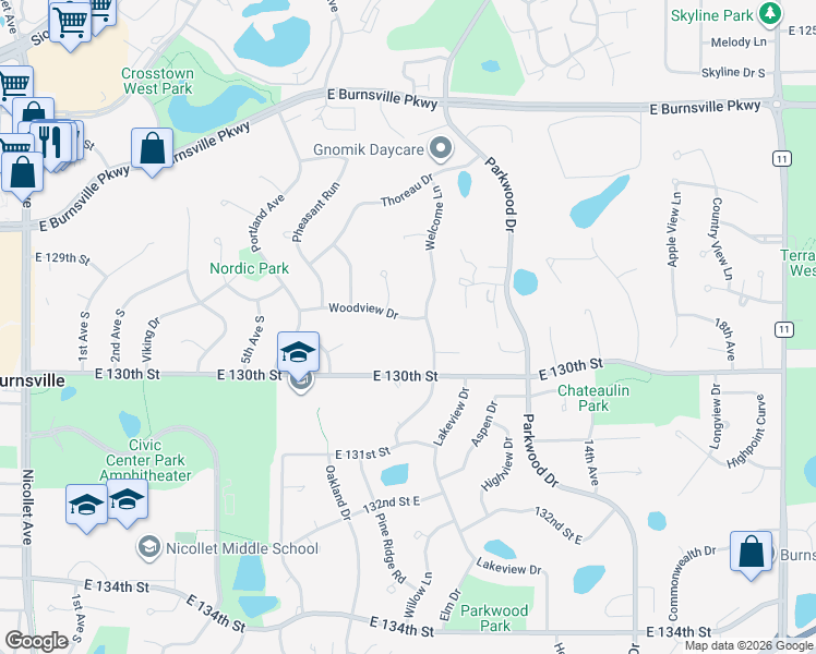 map of restaurants, bars, coffee shops, grocery stores, and more near 801 Woodview Drive in Burnsville