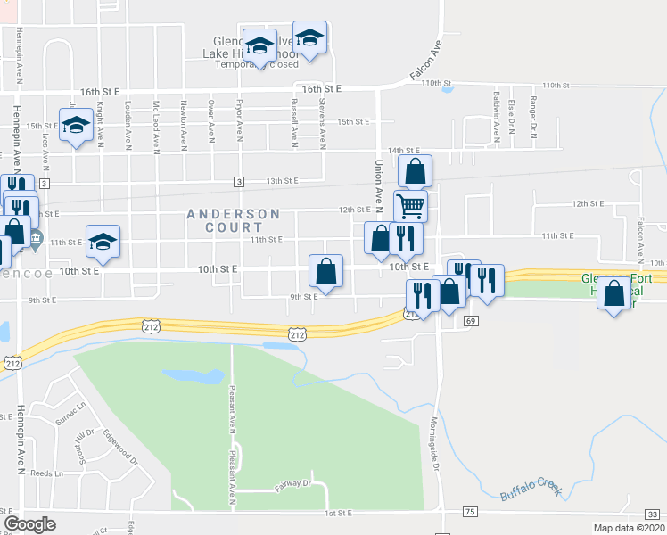 map of restaurants, bars, coffee shops, grocery stores, and more near 1930 10th Street East in Glencoe