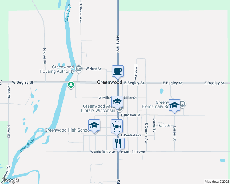 map of restaurants, bars, coffee shops, grocery stores, and more near 203 North Main Street in Greenwood