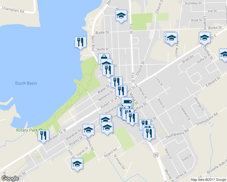 map of restaurants, bars, coffee shops, grocery stores, and more near in Penetanguishene