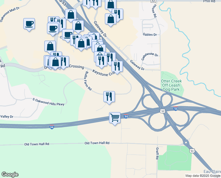 map of restaurants, bars, coffee shops, grocery stores, and more near 4940 Bullis Farm Road in Eau Claire