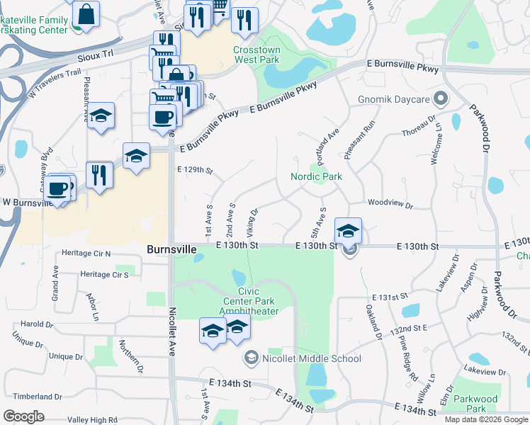 map of restaurants, bars, coffee shops, grocery stores, and more near 316 Eagle Ridge Circle in Burnsville