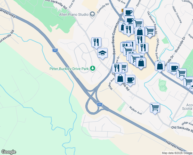 map of restaurants, bars, coffee shops, grocery stores, and more near 35 Gordon Court in Lower Sackville