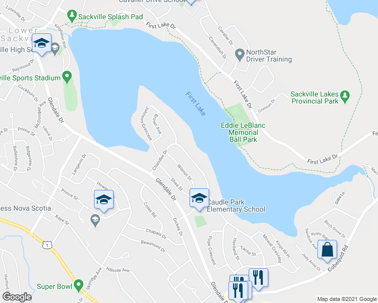 map of restaurants, bars, coffee shops, grocery stores, and more near 207 Chandler Drive in Lower Sackville