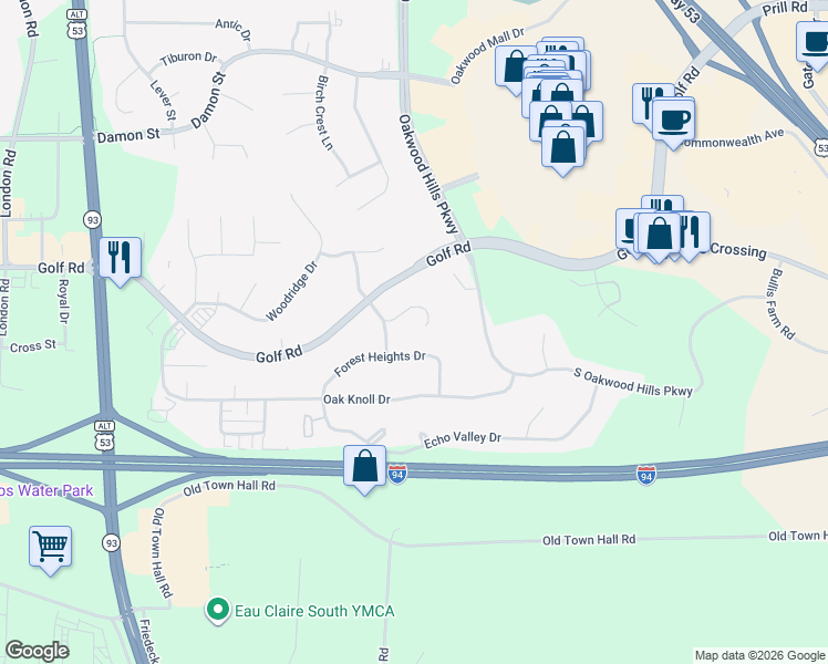 map of restaurants, bars, coffee shops, grocery stores, and more near 3912 Forest Heights Drive in Eau Claire