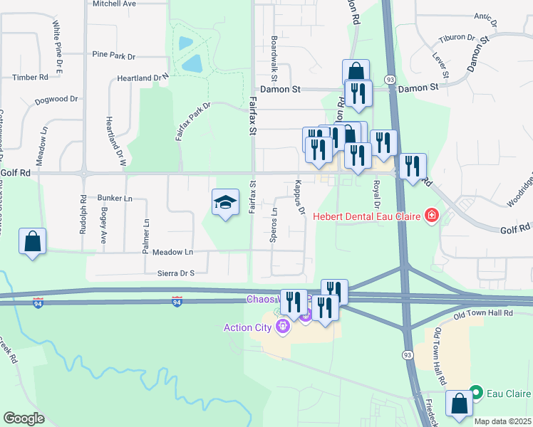 map of restaurants, bars, coffee shops, grocery stores, and more near 4705 Speros Lane in Eau Claire