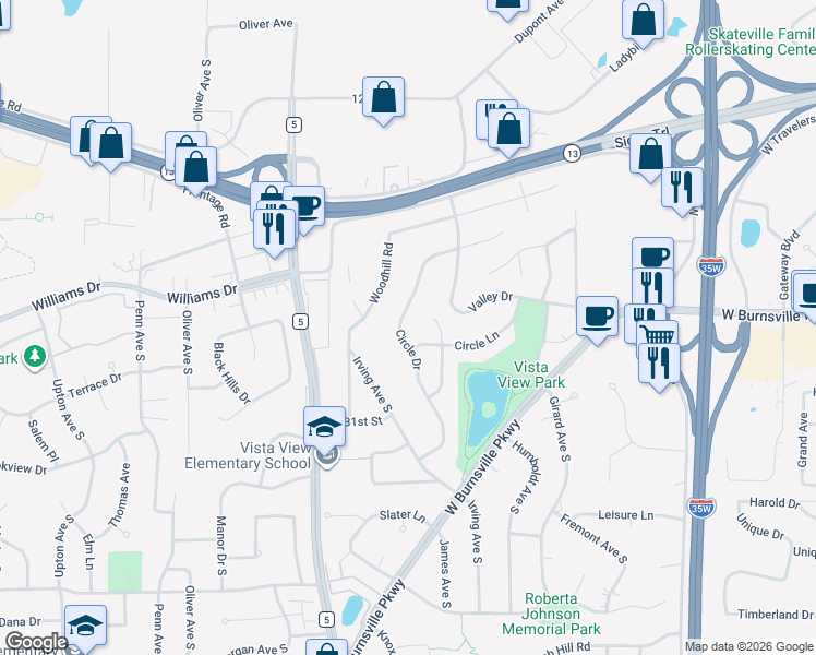 map of restaurants, bars, coffee shops, grocery stores, and more near 1543 Circle Drive in Burnsville