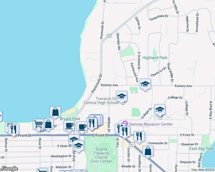 map of restaurants, bars, coffee shops, grocery stores, and more near 1285 Milliken Drive in Traverse City