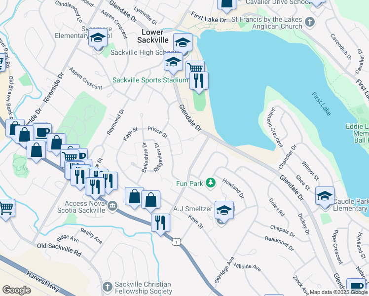 map of restaurants, bars, coffee shops, grocery stores, and more near 23 Tillock Drive in Lower Sackville
