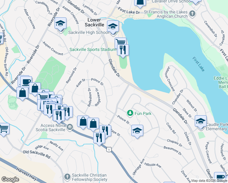 map of restaurants, bars, coffee shops, grocery stores, and more near 23 Tillock Drive in Lower Sackville